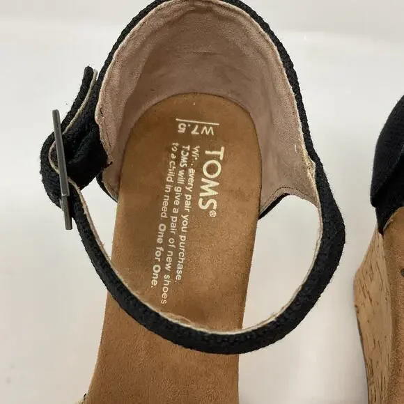 Toms Sienna Wedge Sandal Womens 7.5 Black Strappy Ankle Strap Cork Platform - Picture 4 of 13